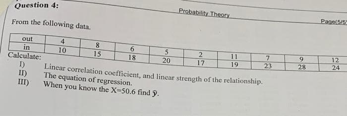 Question 4:
Probability Theory
Page(5/5
From the following data.
out
4
8
6.
in
Calculate:
I)
II)
III)
10
11
12
9.
15
18
20
17
19
23
28
24
Linear correlation coefficient, and linear strength of the relationship.
The equation of regression.
When you know the X-50.6 find y.
