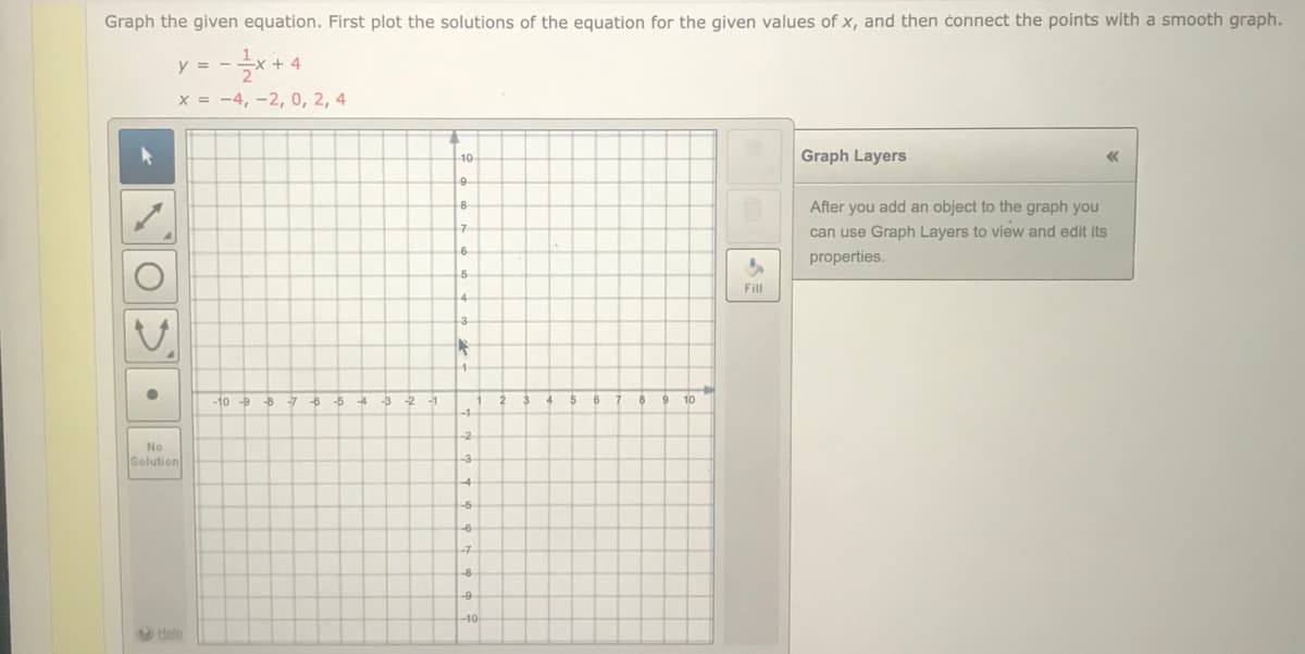 Graph the given equation. First plot the solutions of the equation for the given values of x, and then čonnect the points with a smooth graph.
y = -
x = -4, -2, 0, 2, 4
Graph Layers
10
After you add an object to the graph you
8
can use Graph Layers to view and edit its
properties.
Fill
-10 -9
-8
-6
-5
-4
-2
-1
4.
6
10
-1
-2
No
Solution
-3
-4
-5
-6
-7
-8
-9
-10
Help
