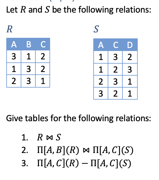 Let R and S be the following relations:
R
S
А В С
3 1 2
13 2
2 3 1
А CD
13 2
1 2 3
23 1
3 2 1
Give tables for the following relations:
1. RAS
2. П[А, В](R) w П[А, С](S)
3. ПА, С](R) — П[А, С](S)
