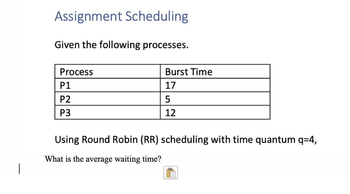 Assignment Scheduling
Given the following processes.
Process
Burst Time
P1
17
P2
5
P3
12
Using Round Robin (RR) scheduling with time quantum q=4,
What is the average waiting time?
