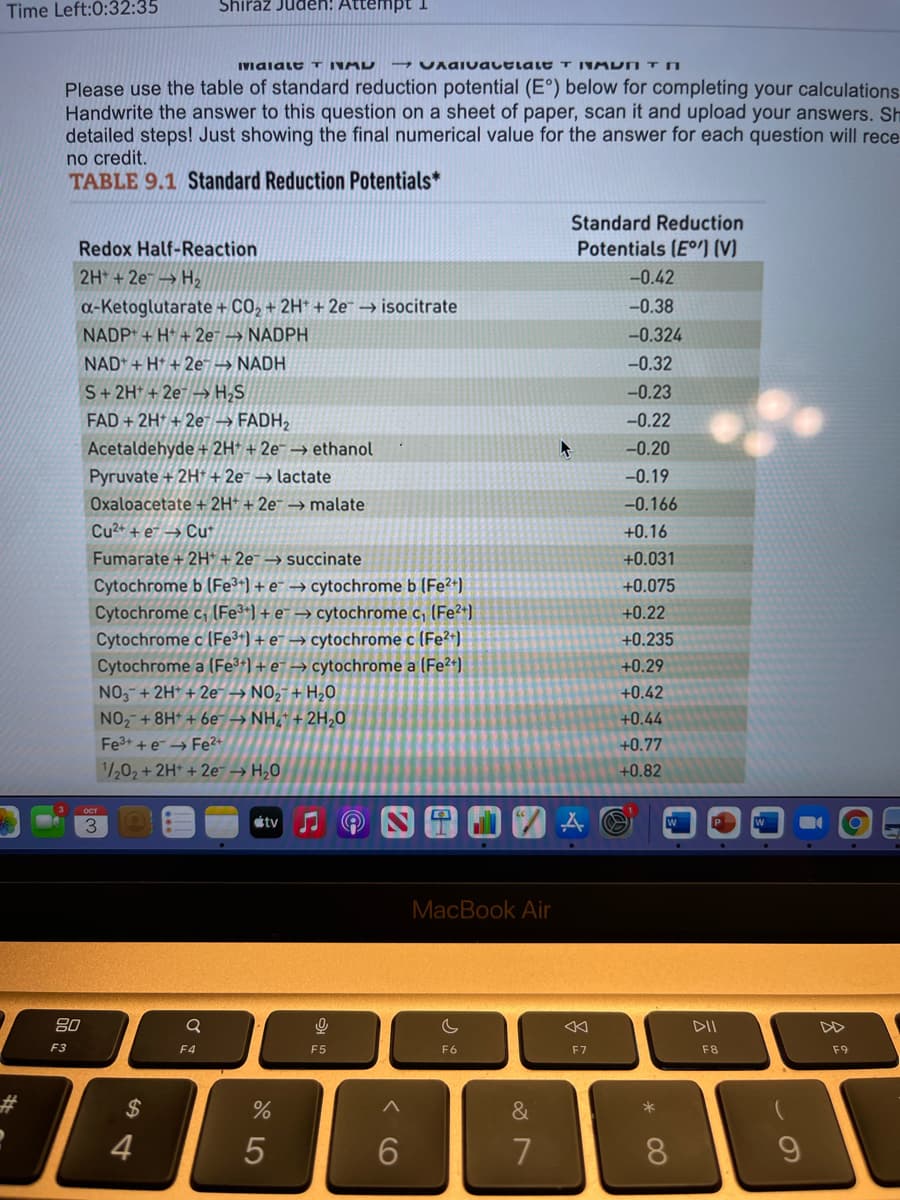 Time Left:0:32:35
Shiraz Juden: Attempt 1
IVaiale T INAD
UAGIvauelaLE T INM DN T N
Please use the table of standard reduction potential (E°) below for completing your calculations
Handwrite the answer to this question on a sheet of paper, scan it and upload your answers. Sh
detailed steps! Just showing the final numerical value for the answer for each question will rece
no credit.
TABLE 9.1 Standard Reduction Potentials*
Standard Reduction
Redox Half-Reaction
Potentials (E) (V)
2H +2e → H,
-0.42
a-Ketoglutarate + CO, + 2H* + 2e → isocitrate
NADP* + H* + 2e → NADPH
-0.38
-0.324
NAD* + H* + 2e- → NADH
-0.32
S+ 2H* + 2e – H;S
FAD + 2H + 2e → FADH2
-0.23
-0.22
Acetaldehyde + 2H* + 2e¯ → ethanol
-0.20
Pyruvate + 2H + 2e → lactate
-0.19
Oxaloacetate + 2H* + 2e¯ → malate
-0.166
Cu2+ + e¯ → Cu
+0.16
Fumarate + 2H* + 2e¯ → succinate
+0.031
Cytochrome b (Fe3+) + e¯ → cytochrome b (Fe²+)
Cytochrome c, (Fe3*) + e¯ → cytochrome c, (Fe?+)
Cytochrome c (Fe³*) + e¯ → cytochrome c (Fe²*)
Cytochrome a (Fe3+) + e¯ → cytochrome a (Fe²+)
NO,-+ 2H* + 2e¯ → NO,- + H,0
NO, +8H* + 6e → NH,* + 2H,0
+0.075
+0.22
+0.235
+0.29
+0.42
+0.44
Fe3+ + e → Fe?+
+0.77
1/202 + 2H* + 2e → H,0
+0.82
3
étv
W
MacBook Air
80
DII
DD
F3
F4
F5
F6
F7
F8
F9
%23
%24
&
4
5
6.
7
8.
