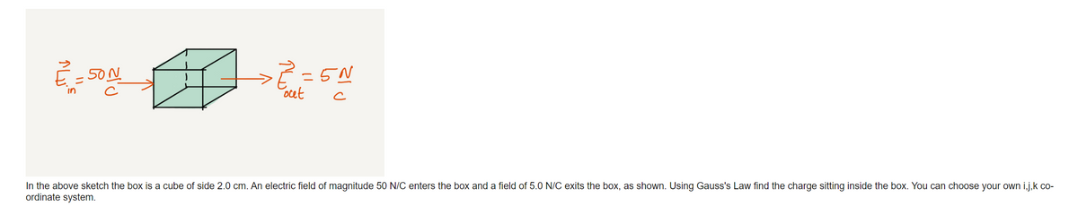 E =5N
ocet
50N
In the above sketch the box is a cube of side 2.0 cm. An electric field of magnitude 50 N/C enters the box and a field of 5.0 N/C exits the box, as shown. Using Gauss's Law find the charge sitting inside the box. You can choose your own i,j,k co-
ordinate system.
