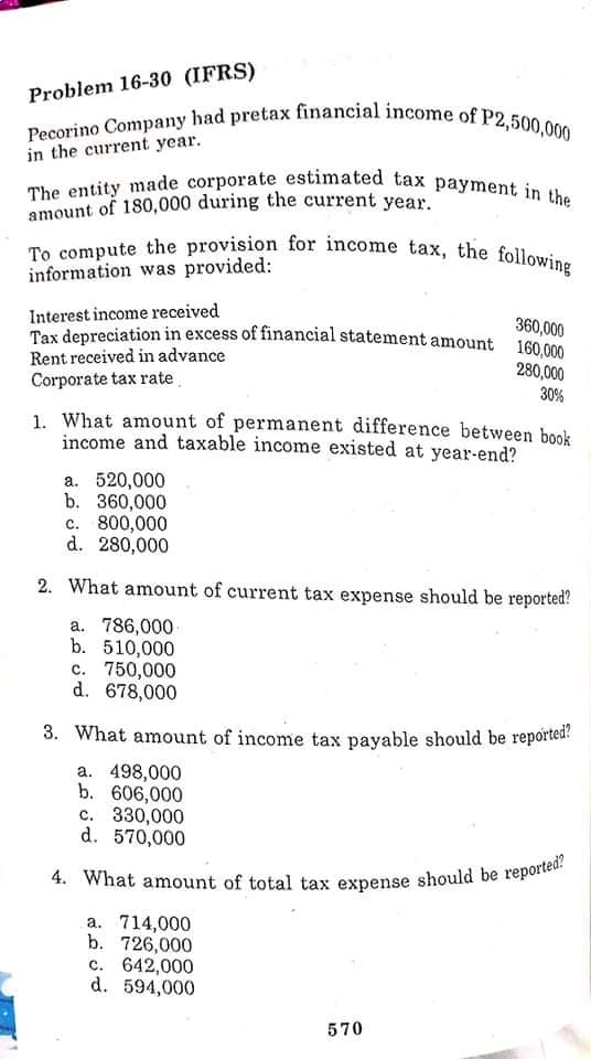 4. What amount of total tax expense should be reported?
To compute the provision for income tax, the following
Pecorino Company had pretax financial income of P2,500,000
The entity made corporate estimated tax payment in the
Problem 16-30 (IFRS)
in the current year.
amount of 180,000 during the current year.
information was provided:
Interest income received
Tax depreciation in excess of financial statement amount 160,000
360,000
Rent received in advance
Corporate tax rate.
280,000
30%
1. What amount of permanent difference between book
income and taxable income existed at year-end?
a. 520,000
b. 360,000
c. 800,000
d. 280,000
2. What amount of current tax expense should be reported?
a. 786,000
b. 510,000
c. 750,000
d. 678,000
3. What amount of income tax payable should be reported
a. 498,000
b. 606,000
c. 330,000
d. 570,000
a. 714,000
b. 726,000
c. 642,000
d. 594,000
570
