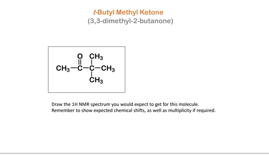t-Butyl Methyl Ketone
(3,3-dimethyl-2-butanone)
о СНз
CH3-C-C-CH3
ČH3
Draw the 1H NMR spectrum you would expect to get for this molecule.
Remember to show expected chemical shifts, as well as multiplicity if required.
