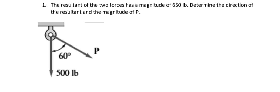 1. The resultant of the two forces has a magnitude of 650 Ilb. Determine the direction of
the resultant and the magnitude of P.
60°
500 lb
