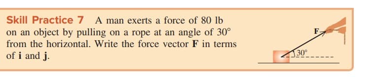 Skill Practice 7 A man exerts a force of 80 lb
on an object by pulling on a rope at an angle of 30°
from the horizontal. Write the force vector F in terms
of i and j.
30°
