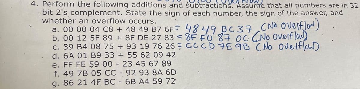 4. Pèrform the following additions and subtractions. Assume that all numbers are in 32
bit 2's complement. Stäte the sign of each number, the sign of the answer, and
whether an overflow occurs.
a. 00 00 04 C8 + 48 49 B7 6F 4849 BC37.6Nd Overflow)
b. 00 12 5F 89 + 8F DE 27 83 < 8F FO'87OC CNo Ovelflaw)
c. 39 B4 08 75 + 93 19 76 26 GC CD 7E9B ( No Ovelfla)
d. 6.A 01 B9 33 + 55 62 09 42
e. FF FE 59 00 - 23 45 67 89
f. 49 7B 05 CC - 92 93 8A 6D
g. 86 21 4F BC - 6B A4 59 72
