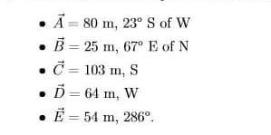 • Ã = 80 m, 23° S of W
• B = 25 m, 67° E of N
• Č = 103 m, S
• D = 64 m, W
• E = 54 m, 286°.
