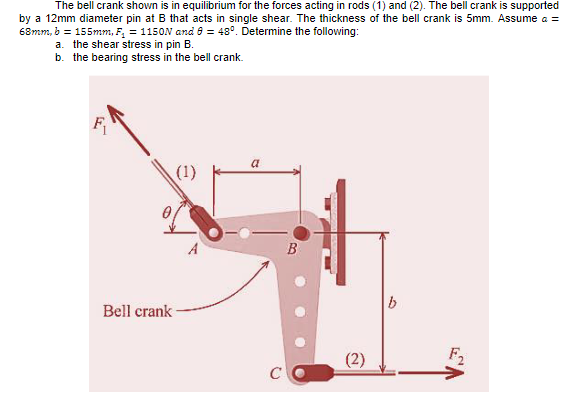 The bell crank shown is in equilibrium for the forces acting in rods (1) and (2). The bell crank is supported
by a 12mm diameter pin at B that acts in single shear. The thickness of the bell crank is 5mm. Assume a =
68mm, b = 155mm, F, = 1150N and 8 = 48°. Determine the following:
a. the shear stress in pin B.
b. the bearing stress in the bell crank.
F
(1)
B
Bell crank -
(2)
F2
C
