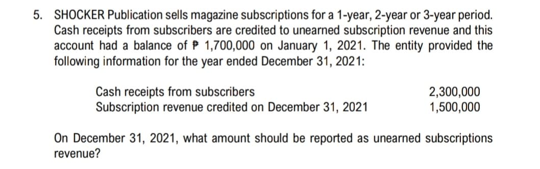5. SHOCKER Publication sells magazine subscriptions for a 1-year, 2-year or 3-year period.
Cash receipts from subscribers are credited to unearned subscription revenue and this
account had a balance of P 1,700,000 on January 1, 2021. The entity provided the
following information for the year ended December 31, 2021:
Cash receipts from subscribers
Subscription revenue credited on December 31, 2021
2,300,000
1,500,000
On December 31, 2021, what amount should be reported as unearned subscriptions
revenue?
