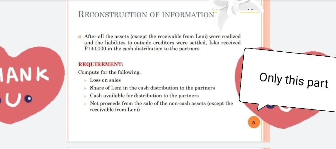 RECONSTRUCTION OF INFORMATION
o After all the assets (except the receivable from Leni) were realized
and the liabilites to outside creditors were settled, Isko received
P140,000 in the cash distribution to the partners.
REQUIREMENT:
ANK
Compute for the following.
Only this part
Loss on sales
> Share of Leni in the cash distribution to the partners
> Cash available for distribution to the partners
> Net proceeds from the sale of the non-cash assets (except the
receivable from Leni)
