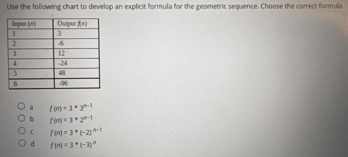 Use the following chart to develop an explicit formula for the geometric sequence. Choose the correct formula.
Input (n)
Output f(n)
1
3
2
-6
12
-24
48
-96
f(n) = 3 * 37-1
f(n) = 3 * 27-1
f(n) = 3 * (-2)-1
f(n)=3* (-3)
3
4
5
6
a
b
O c
Od