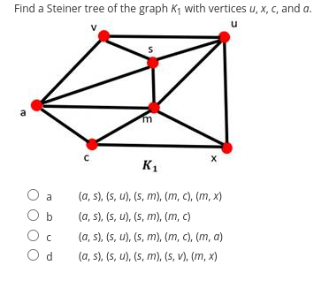 Find a Steiner tree of the graph K₁ with vertices u, x, c, and a.
u
a
O a
b
O C
Od
S
m
K₁
X
(a, s), (s, u), (s, m), (m, c), (m, x)
(a, s), (s, u), (s, m), (m, c)
(a, s), (s, u),(s, m), (m, c), (m, a)
(a, s), (s, u),(s, m),(s, v), (m, x)