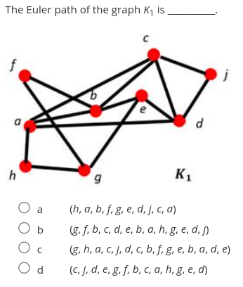 The Euler path of the graph K₁ is.
f
h
O a
O b
O C
Od
C
e
K₁
d
g
(h, a, b, f, g, e, d, j, c, a)
(g, f, b, c, d, e, b, a, h, g, e, d, j)
(g, h, a, c, j, d, c, b, f, g, e, b, a, d, e)
(c, j, d, e, g, f, b, c, a, h, g, e, d)
