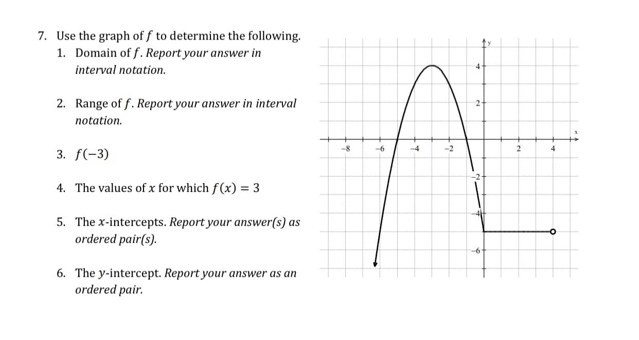 Use the graph of f to determine the following.
1. Domain of f. Report your answer in
4-
interval notation.
2. Range of f. Report your answer in interval
notation.
-8
-
-4
-2
4
3. f(-3)
4. The values of x for which f (x) = 3
5. The x-intercepts. Report your answer(s) as
ordered pair(s).
-6-
6. The y-intercept. Report your answer as an
ordered pair.
