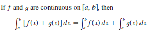 If f and g are continuous on [a, b], then
[S) + g(»]dx = [*f(4) dx + [* g(x) dx
