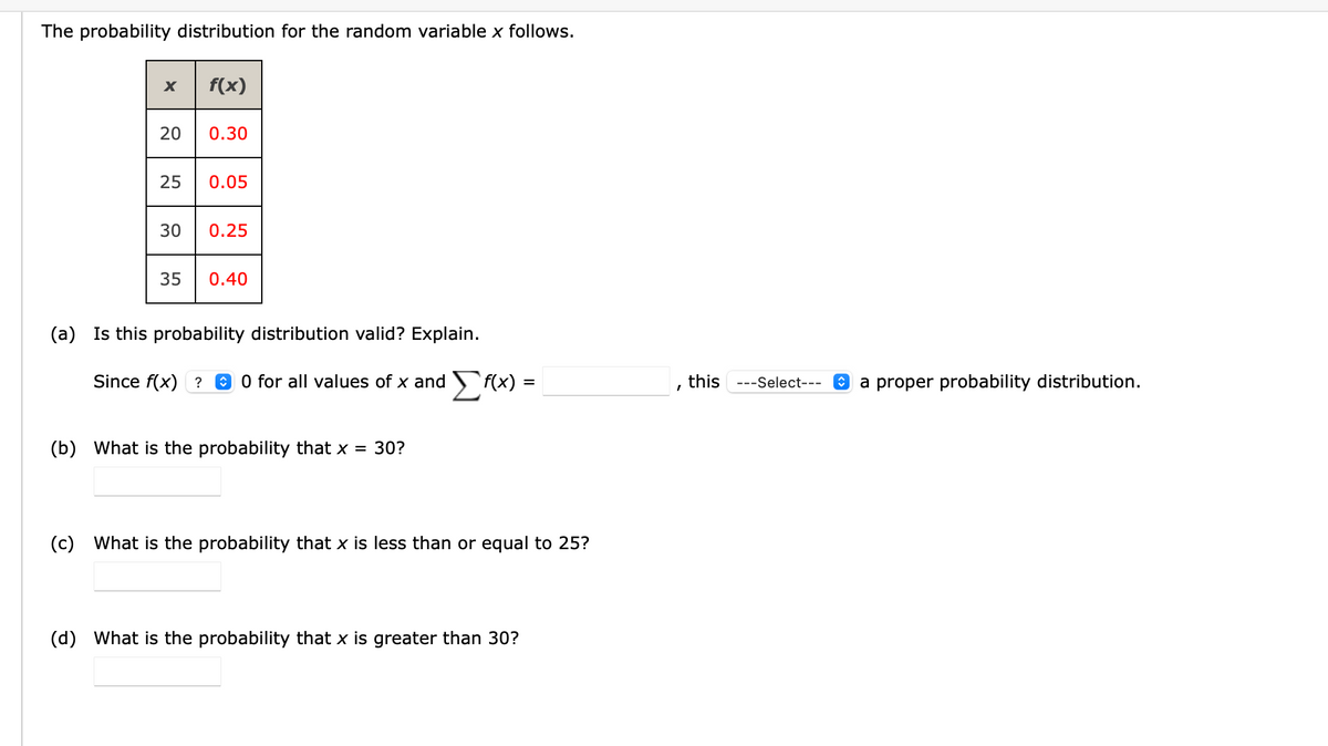 The probability distribution for the random variable x follows.
f(x)
20
0.30
25
0.05
30
0.25
35
0.40
(a) Is this probability distribution valid? Explain.
Since f(x) ?
0 O for all values of x and ) ` f(x)
this ---Select---
O a proper probability distribution.
(b) What is the probability that x = 30?
(c) What is the probability that x is less than or equal to 25?
(d) What is the probability that x is greater than 30?

