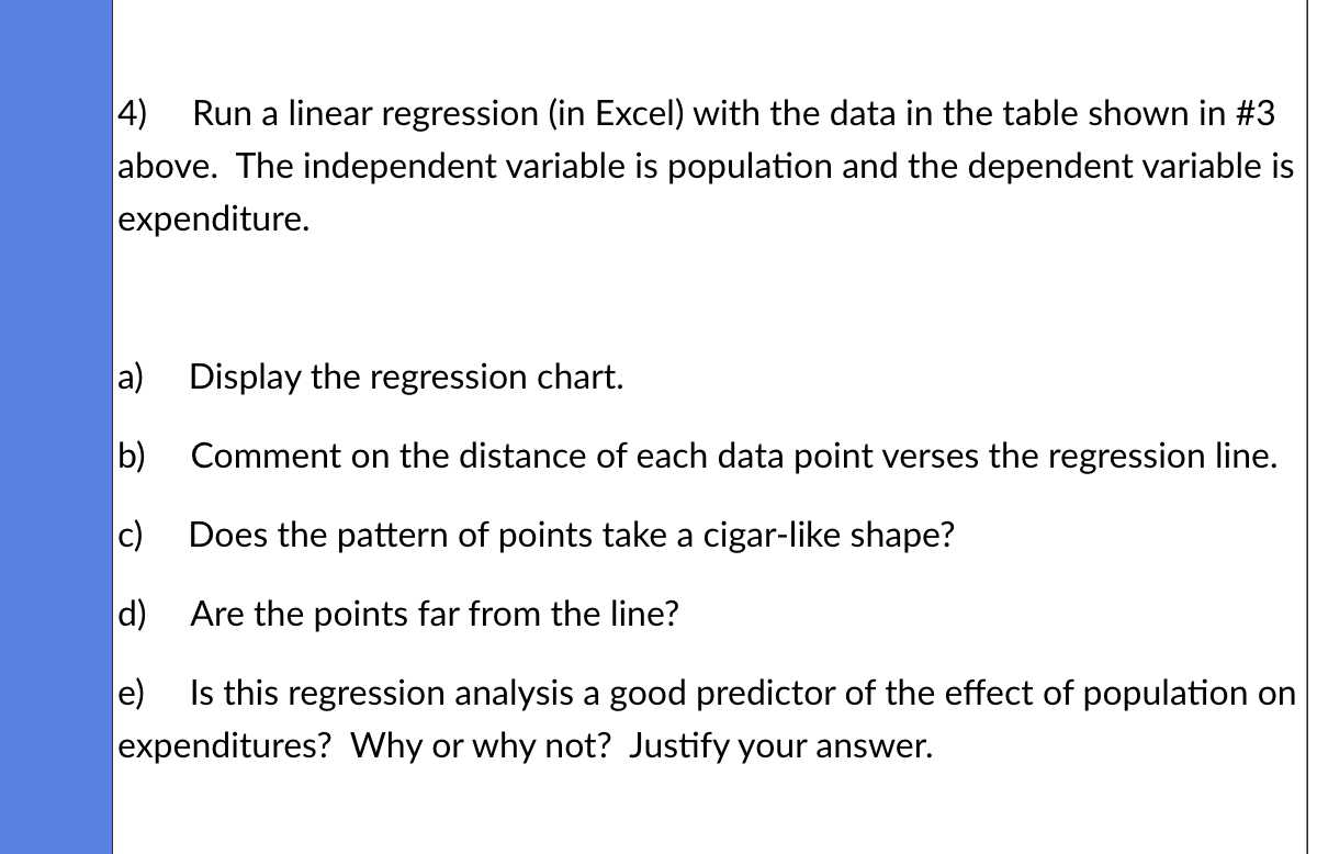 4) Run a linear regression (in Excel) with the data in the table shown in #3
above. The independent variable is population and the dependent variable is
expenditure.
a)
Display the regression chart.
b) Comment on the distance of each data point verses the regression line.
c)
Does the pattern of points take a cigar-like shape?
d)
Are the points far from the line?
e)
Is this regression analysis a good predictor of the effect of population on
expenditures? Why or why not? Justify your answer.