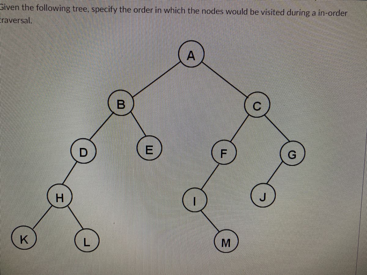 Given the following tree, specify the order in which the nodes would be visited during a in-order
raversal.
A
B
D
H.
K
M
F.
E
