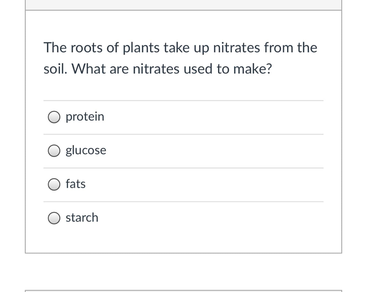 The roots of plants take up nitrates from the
soil. What are nitrates used to make?
O protein
O glucose
O fats
starch
