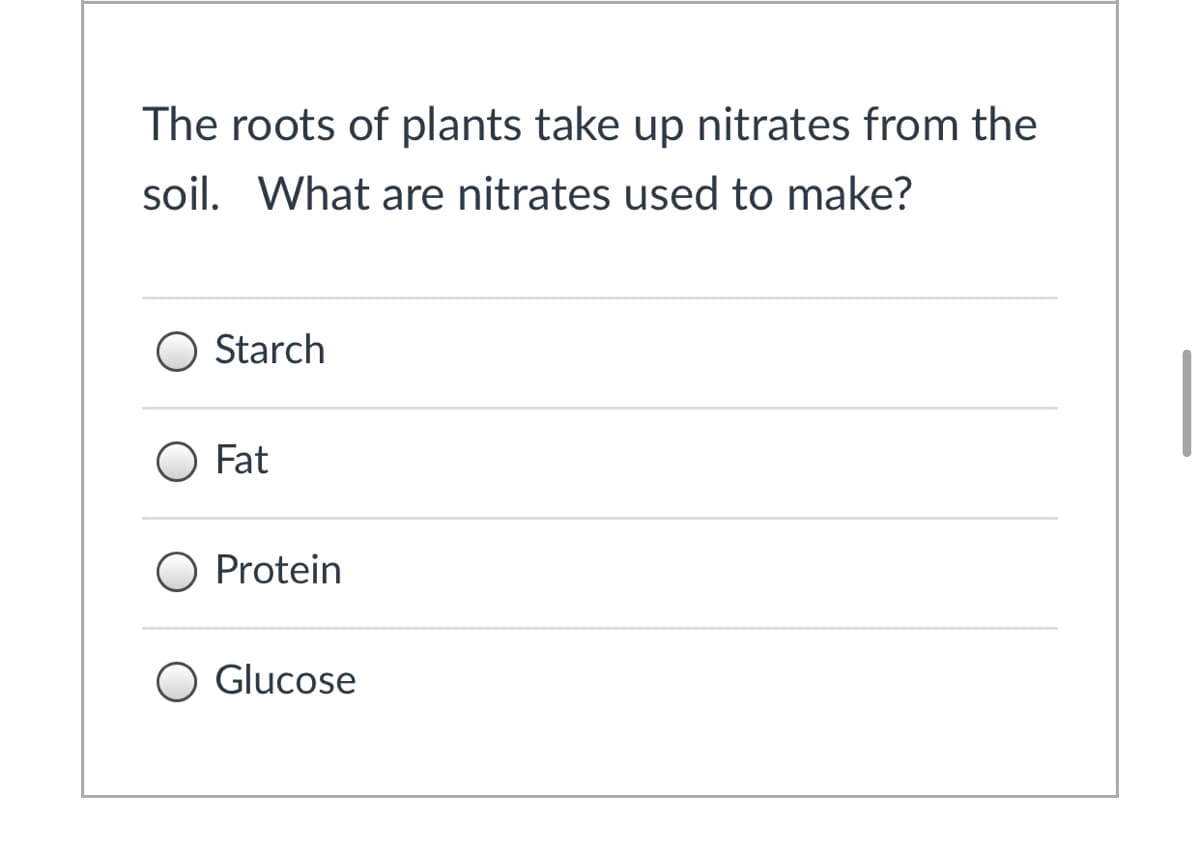 The roots of plants take up nitrates from the
soil. What are nitrates used to make?
Starch
O Fat
O Protein
O Glucose
