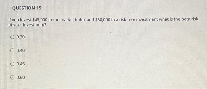QUESTION 15
If you invest $45,000 in the market index and $30,000 in a risk free investment what is the beta risk
of your investment?
O 0.30
O 0.40
O 0.45
0.60
