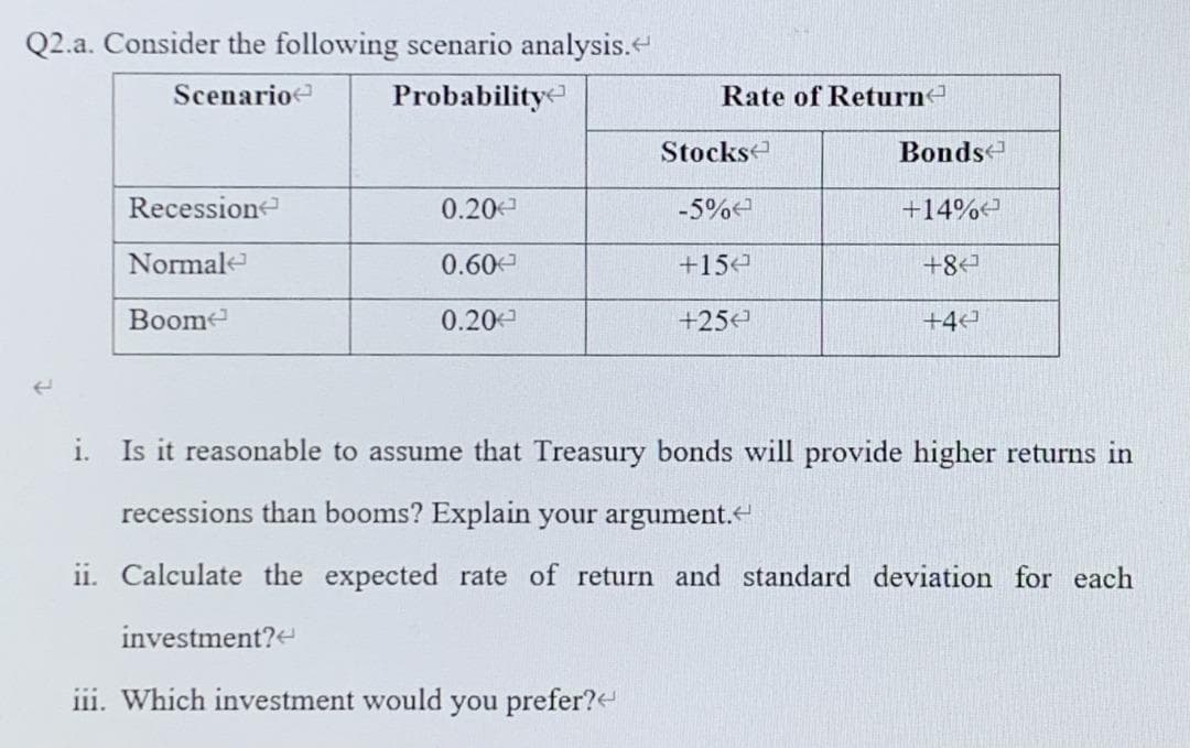 Q2.a. Consider the following scenario analysis.
Scenario
Probability
Recession
Normal
Boom
0.20
0.60
0.20
iii. Which investment would
Rate of Return
you prefer?
Stocks
-5%
+15
+25<
Bonds
+14%
+84
i. Is it reasonable to assume that Treasury bonds will provide higher returns in
recessions than booms? Explain your argument.<
ii. Calculate the expected rate of return and standard deviation for each
investment?
+4