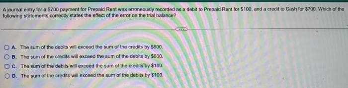 A journal entry for a $700 payment for Prepaid Rent was erroneously recorded as a debit to Prepaid Rent for $100. and a credit to Cash for $700. Which of the
following statements correctly states the effect of the error on the trial balance?
A. The sum of the debits will exceed the sum of the credits by $600.
B.
The sum of the credits will exceed the sum of the debits by $600.
C.
The sum of the debits will exceed the sum of the credits by $100.
D. The sum of the credits will exceed the sum of the debits by $100.
0 0 0 0