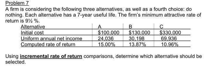 Problem 7
A firm is considering the following three alternatives, as well as a fourth choice: do
nothing. Each alternative has a 7-year useful life. The firm's minimum attractive rate of
return is 9½ %.
A
Alternative
Initial cost
$100,000
Uniform annual net income
24,036
Computed rate of return
15.00%
B
$130,000
30,198
13.87%
с
$330,000
69,936
10.96%
Using incremental rate of return comparisons, determine which alternative should be
selected.