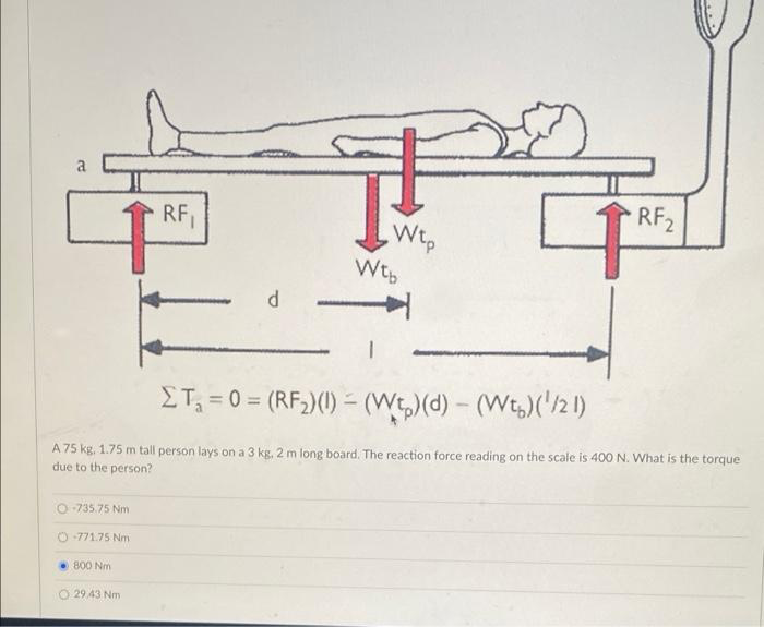 a
RF
RF2
Wt,
Wtb
ET; = 0 = (RF;)() = (Wt)(d)- (Wt,)('/2 1)
A 75 kg, 1.75 m tall person lays on a 3 kg. 2 m long board. The reaction force reading on the scale is 400 N. What is the torque
due to the person?
O-735.75 Nm
O -771.75 Nm
800 Nm
O 29 43 Nm
