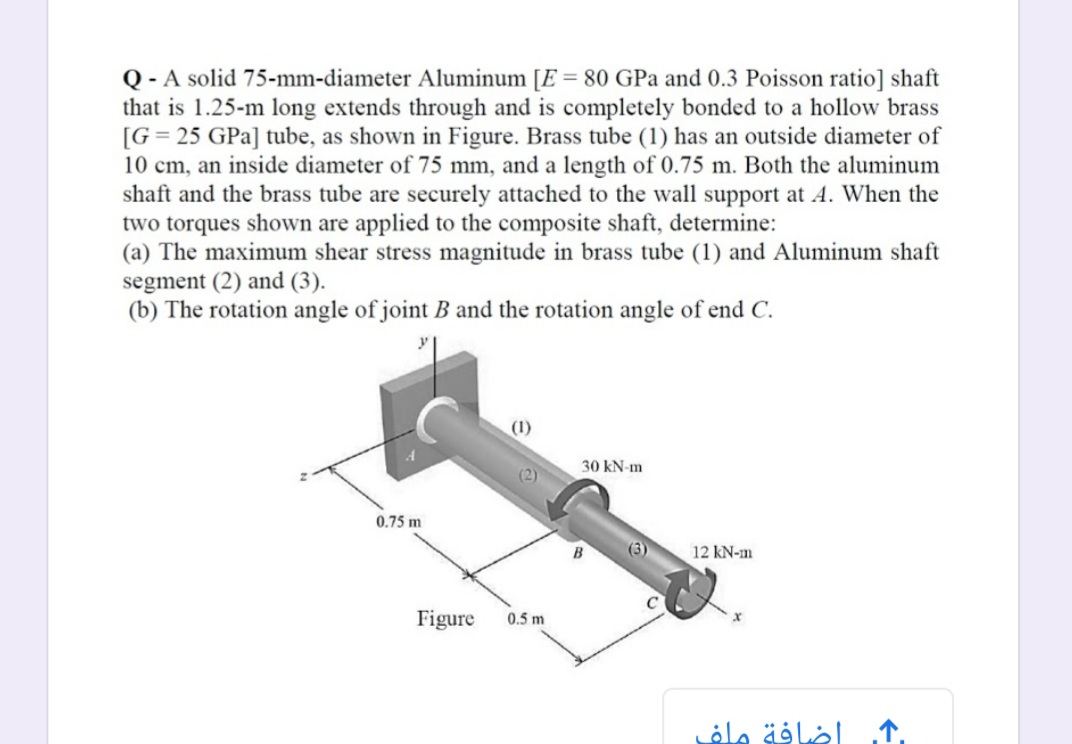 Q - A solid 75-mm-diameter Aluminum [E = 80 GPa and 0.3 Poisson ratio] shaft
that is 1.25-m long extends through and is completely bonded to a hollow brass
[G= 25 GPa] tube, as shown in Figure. Brass tube (1) has an outside diameter of
10 cm, an inside diameter of 75 mm, and a length of 0.75 m. Both the aluminum
shaft and the brass tube are securely attached to the wall support at A. When the
two torques shown are applied to the composite shaft, determine:
(a) The maximum shear stress magnitude in brass tube (1) and Aluminum shaft
segment (2) and (3).
(b) The rotation angle of joint B and the rotation angle of end C.
(1)
30 kN-m
(2)
0.75 m
(3)
12 kN-m
Figure
0.5 m
öla äålöl ↑.
