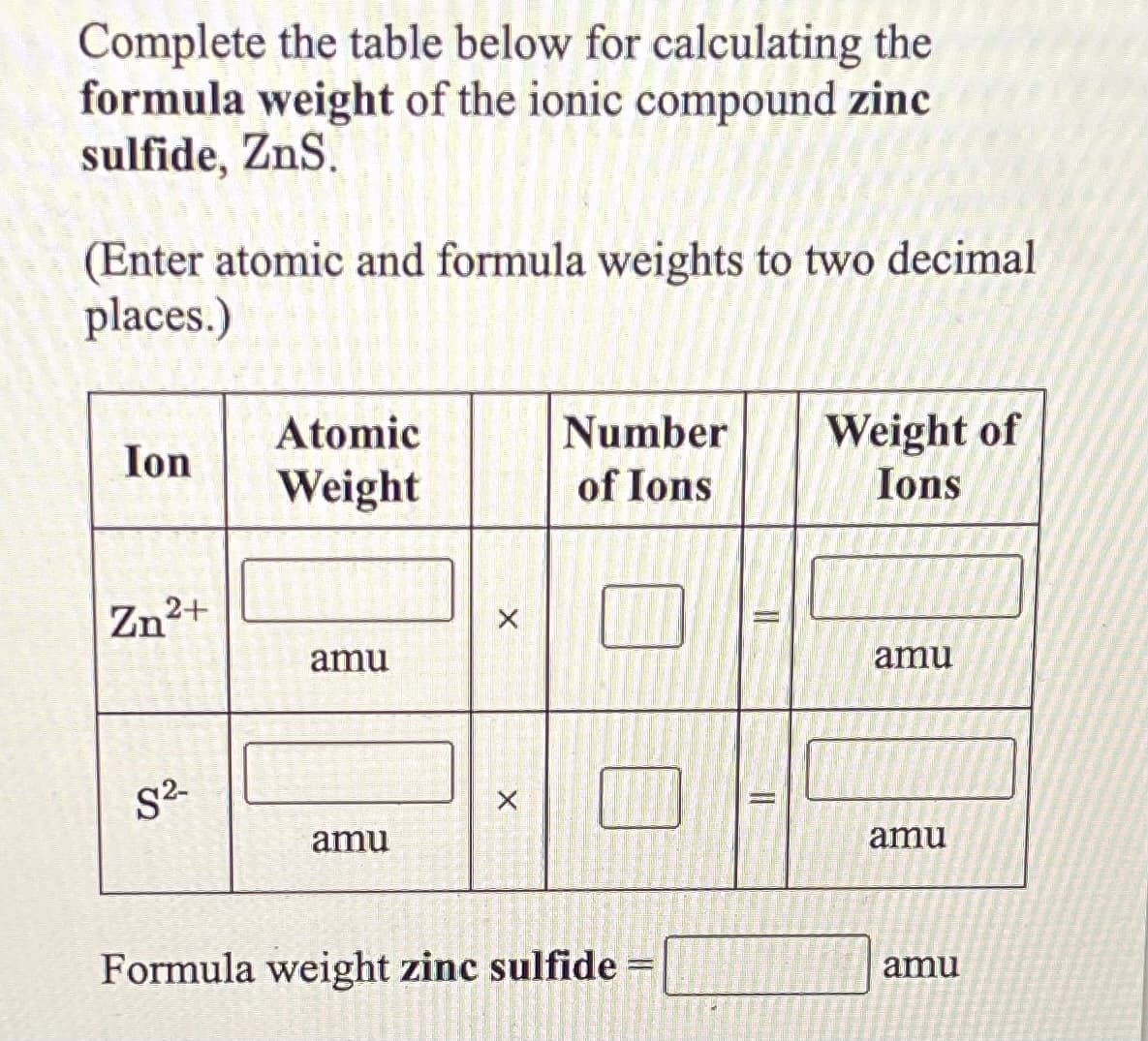 Complete the table below for calculating the
formula weight of the ionic compound zinc
sulfide, ZnS.
(Enter atomic and formula weights to two decimal
places.)
Ion
Atomic
Number
Weight of
Weight
of Ions
Ions
Zn2+
amu
amu
S2
amu
amu
Formula weight zinc sulfide =
amu
