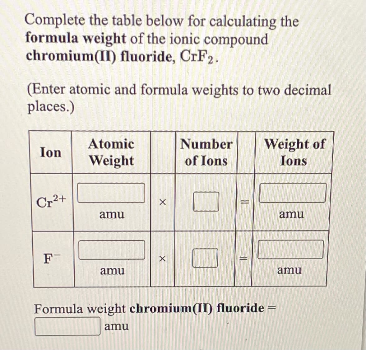 Complete the table below for calculating the
formula weight of the ionic compound
chromium(II) fluoride, CrF2.
(Enter atomic and formula weights to two decimal
places.)
Atomic
Number
Weight of
Ions
Ion
Weight
of Ions
Cr2+
amu
amu
F
amu
amu
Formula weight chromium(II) fluoride =
amu
