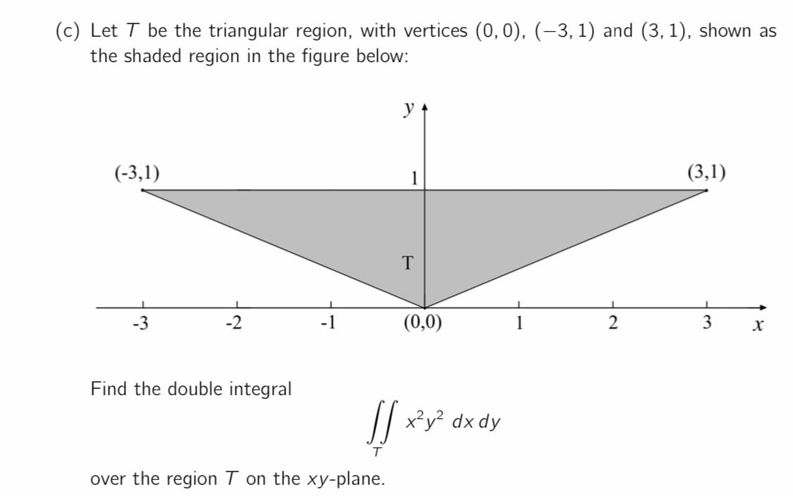 (c) Let T be the triangular region, with vertices (0, 0), (–3, 1) and (3, 1), shown as
the shaded region in the figure below:
y
(-3,1)
1
(3,1)
(0,0)
3
Find the double integral
/ x²y² dx dy
over the region T on the xy-plane.
