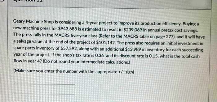Geary Machine Shop is considering a 4-year project to improve its production efficiency. Buying a
new machine press for $943.688 is estimated to result in $239.069 in annual pretax cost savings.
The press falls in the MACRS five-year class (Refer to the MACRS table on page 277), and it will have
a salvage value at the end of the project of $101,142. The press also requires an initial investment in
spare parts inventory of $57,592, along with an additional $13,989 in inventory for each succeeding
year of the project. If the shop's tax rate is 0.36 and its discount rate is 0.15, what is the total cash
flow in year 4? (Do not round your intermediate calculations.)
(Make sure you enter the number with the appropriate +/- sign)

