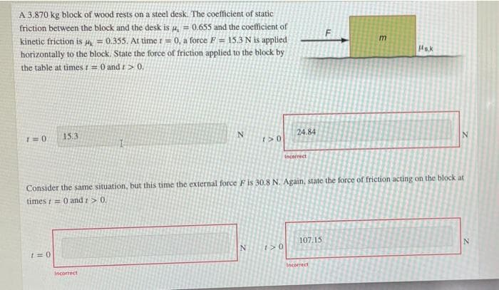 A 3.870 kg block of wood rests on a steel desk. The coefficient of static
friction between the block and the desk is µ, = 0.655 and the coefficient of
kinetic friction is = 0.355. At time t= 0, a force F = 15.3 N is applied
horizontally to the block, State the force of friction applied to the block by
the table at times = 0 and i> 0.
Hsk
24.84
15.3
1>0
Incorrect
Consider the same situation, but this time the external force F is 30.8 N. Again, state the force of friction acting on the block at
times = 0 and r> 0.
107.15
1 = 0
Incorrect
Incorrect
