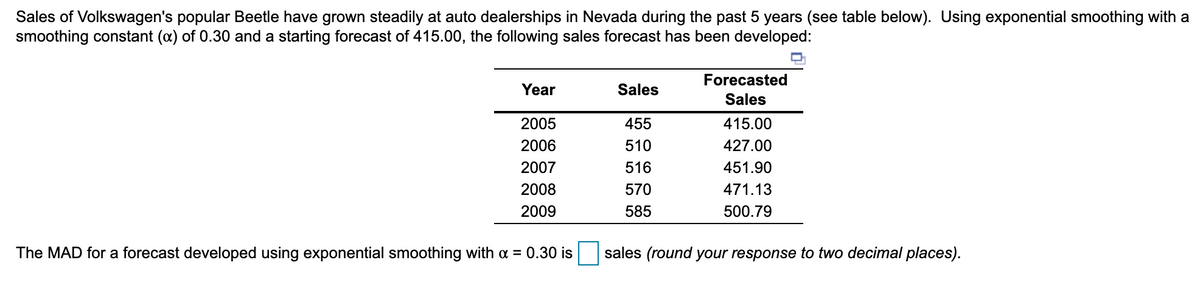Sales of Volkswagen's popular Beetle have grown steadily at auto dealerships in Nevada during the past 5 years (see table below). Using exponential smoothing with a
smoothing constant (a) of 0.30 and a starting forecast of 415.00, the following sales forecast has been developed:
Forecasted
Year
Sales
Sales
2005
455
415.00
2006
510
427.00
2007
516
451.90
2008
570
471.13
2009
585
500.79
The MAD for a forecast developed using exponential smoothing with a = 0.30 is
sales (round your response to two decimal places).
