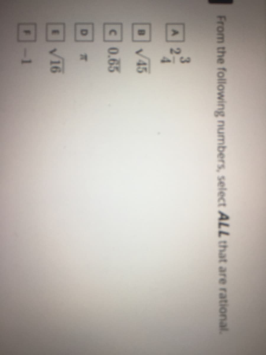 From the following numbers, select ALL that are rational.
A
BV45
C 0.65
D.
E V16
-1
