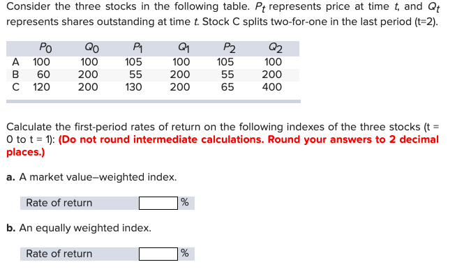 Consider the three stocks in the following table. Pt represents price at time t, and Qt
represents shares outstanding at time t. Stock C splits two-for-one in the last period (t=2).
Po
A 100
B 60
C
120
Qo
100
200
200
P₁
105
55
130
Rate of return
b. An equally weighted index.
Rate of return
Q₁
100
200
200
%
P2
%
105
55
65
Calculate the first-period rates of return on the following indexes of the three stocks (t =
O to t = 1): (Do not round intermediate calculations. Round your answers to 2 decimal
places.)
a. A market value-weighted index.
Q2
100
200
400
