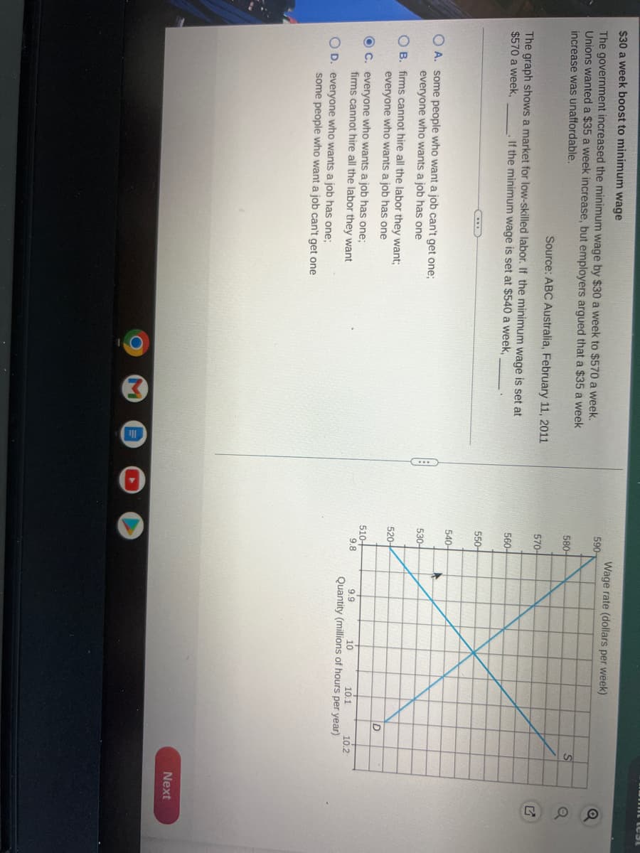 $30 a week boost to minimum wage
The government increased the minimum wage by $30 a week to $570 a week.
Unions wanted a $35 a week increase, but employers argued that a $35 a week.
increase was unaffordable.
Source: ABC Australia, February 11, 2011
The graph shows a market for low-skilled labor. If the minimum wage is set at
$570 a week,
If the minimum wage is set at $540 a week,
OA. some people who want a job can't get one;
everyone who wants a job has one
B. firms cannot hire all the labor they want;
everyone who wants a job has one
OC. everyone who wants a job has one;
firms cannot hire all the labor they want
OD. everyone who wants a job has one;
some people who want a job can't get one
590-
580-
570-
560-
550
540-
530-
520-
510+
9.8
Wage rate (dollars per week)
A
D
9.9
10.1
10
Quantity (millions of hours per year)
S
10.2
Next
Q
Q
G