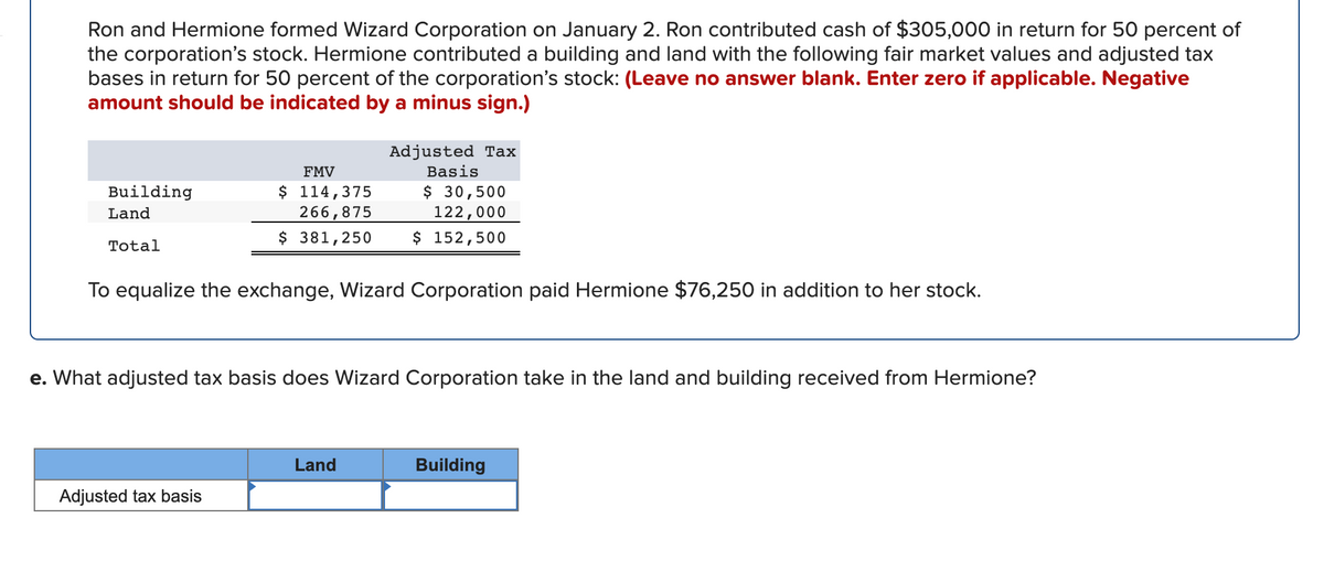 Ron and Hermione formed Wizard Corporation on January 2. Ron contributed cash of $305,000 in return for 50 percent of
the corporation's stock. Hermione contributed a building and land with the following fair market values and adjusted tax
bases in return for 50 percent of the corporation's stock: (Leave no answer blank. Enter zero if applicable. Negative
amount should be indicated by a minus sign.)
Adjusted Tax
FMV
Basis
$ 114,375
266,875
$ 30,500
122,000
Building
Land
$ 381,250
$ 152,500
Total
To equalize the exchange, Wizard Corporation paid Hermione $76,250 in addition to her stock.
e. What adjusted tax basis does Wizard Corporation take in the land and building received from Hermione?
Land
Building
Adjusted tax basis
