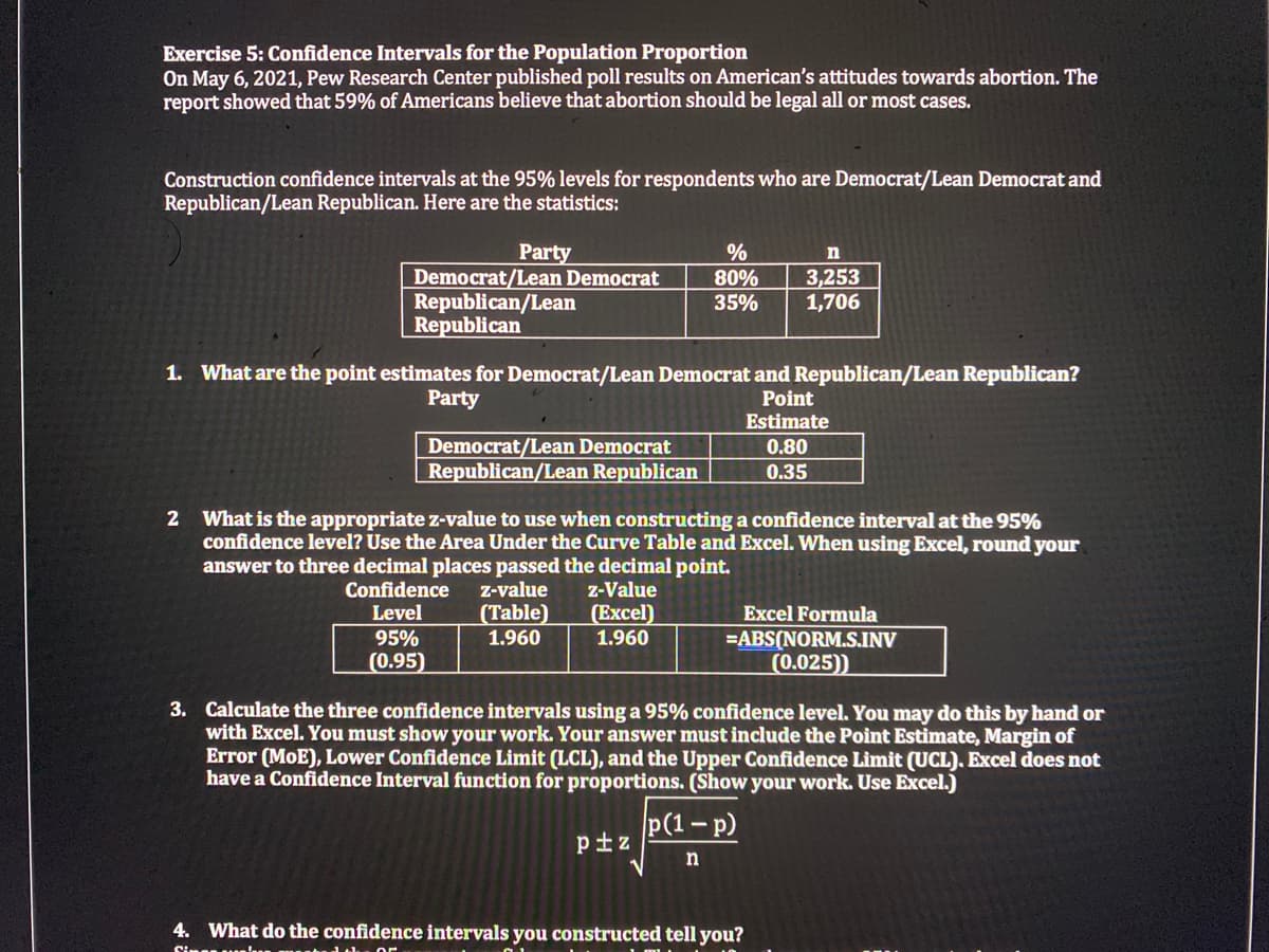 Exercise 5: Confidence Intervals for the Population Proportion
On May 6, 2021, Pew Research Center published poll results on American's attitudes towards abortion. The
report showed that 59% of Americans believe that abortion should be legal all or most cases.
Construction confidence intervals at the 95% levels for respondents who are Democrat/Lean Democrat and
Republican/Lean Republican. Here are the statistics:
Party
n
Democrat/Lean Democrat
Republican/Lean
Republican
3,253
1,706
80%
35%
1. What are the point estimates for Democrat/Lean Democrat and Republican/Lean Republican?
Party
Point
Estimate
Democrat/Lean Democrat
Republican/Lean Republican
0.80
0.35
2 What is the appropriate z-value to use when constructing a confidence interval at the 95%
confidence level? Use the Area Under the Curve Table and Excel. When using Excel, round your
answer to three decimal places passed the decimal point.
Z-value
(Table)
1.960
Confidence
Level
z-Value
Еxcel)
1.960
Excel Formula
95%
=ABS(NORM.S.INV
(0.025))
(0.95)
3. Calculate the three confidence intervals using a 95% confidence level. You may do this by hand or
with Excel. You must show your work. Your answer must include the Point Estimate, Margin of
Error (MoE), Lower Confidence Limit (LCL), and the Upper Confidence Limit (UCL). Excel does not
have a Confidence Interval function for proportions. (Show your work. Use Excel.)
p(1-p)
ptz
4. What do the confidence intervals you constructed tell you?

