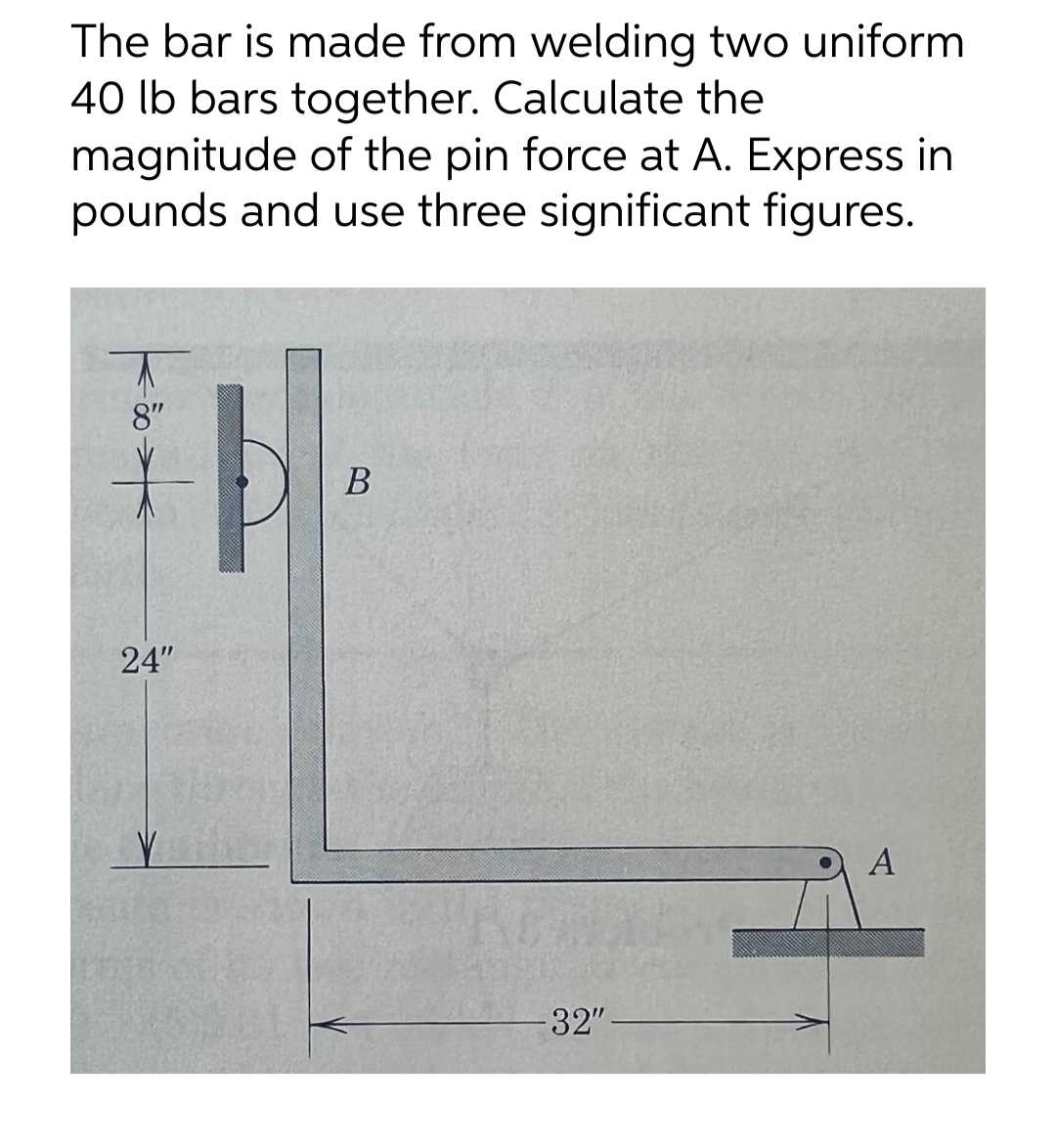 The bar is made from welding two uniform
40 lb bars together. Calculate the
magnitude of the pin force at A. Express in
pounds and use three significant figures.
8"
24"
B
32"
A