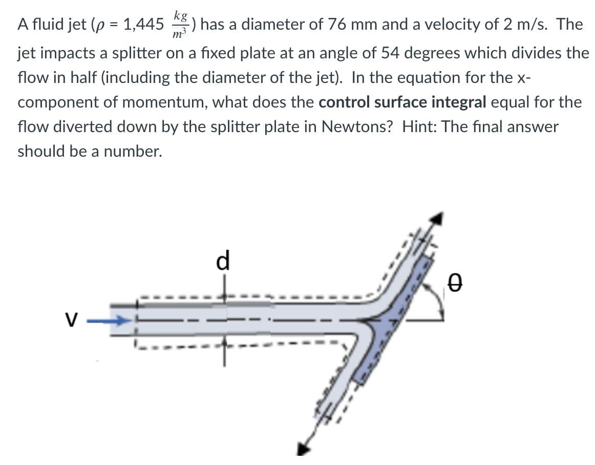 A fluid jet (p = 1,445 ) has a diameter of 76 mm and a velocity of 2 m/s. The
%3D
m3
jet impacts a splitter on a fixed plate at an angle of 54 degrees which divides the
flow in half (including the diameter of the jet). In the equation for the x-
component of momentum, what does the control surface integral equal for the
flow diverted down by the splitter plate in Newtons? Hint: The final answer
should be a number.
d
