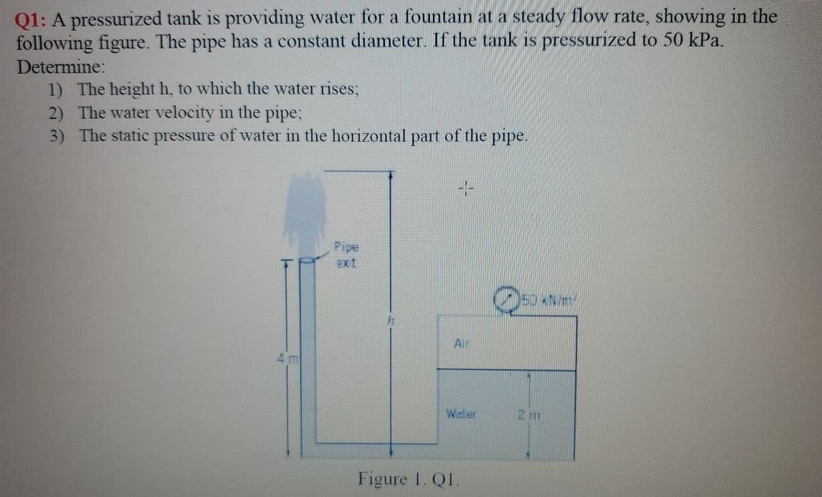 Q1: A pressurized tank is providing water for a fountain at a steady flow rate, showing in the
following figure. The pipe has a constant diameter. If the tank is pressurized to 50 kPa.
Determine:
1) The height h, to which the water rises;
2) The water velocity in the pipe;
3) The static pressure of water in the horizontal part of the pipe.
Pipe
ext
Air
4 m
Weter
2m
Figure I. QI.
