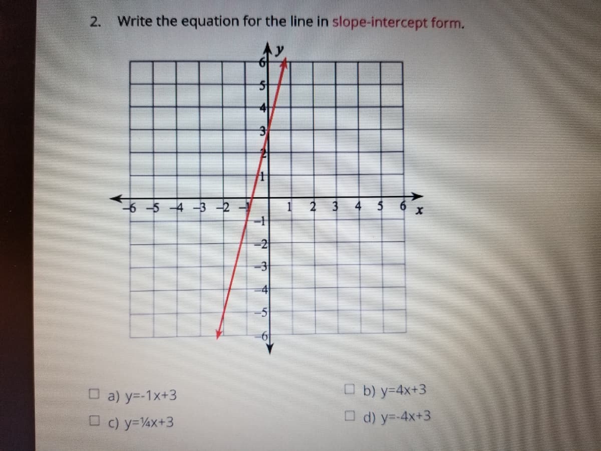 2. Write the equation for the line in slope-intercept form.
2 3
O a) y=-1x+3
O c) y=4x+3
O b) y=4x+3
O d) y=-4x+3
