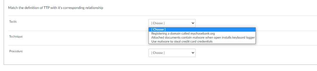 Match the definition of TTP with it's corresponding relationship
Tactic
Technique
Procedure
[Choose ]
[Choose
Registering a domain called mychasebank.org
Attached documents contain malware when open installs keyboard logger
Use malware to steal credit card credentials
[Choose ]