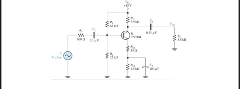 +15 V
R
3.9 kM
68 kn
R,
0.33 µF
2N3904
600 A 0.1 uF
RL
5.6 kn
RE
330
50 mVpp
22 k.
R
1.5 kn
100 µF
