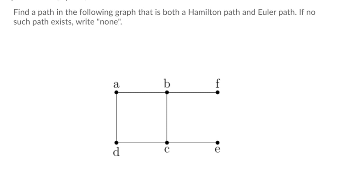 Find a path in the following graph that is both a Hamilton path and Euler path. If no
such path exists, write "none".
a
b
f
d.
