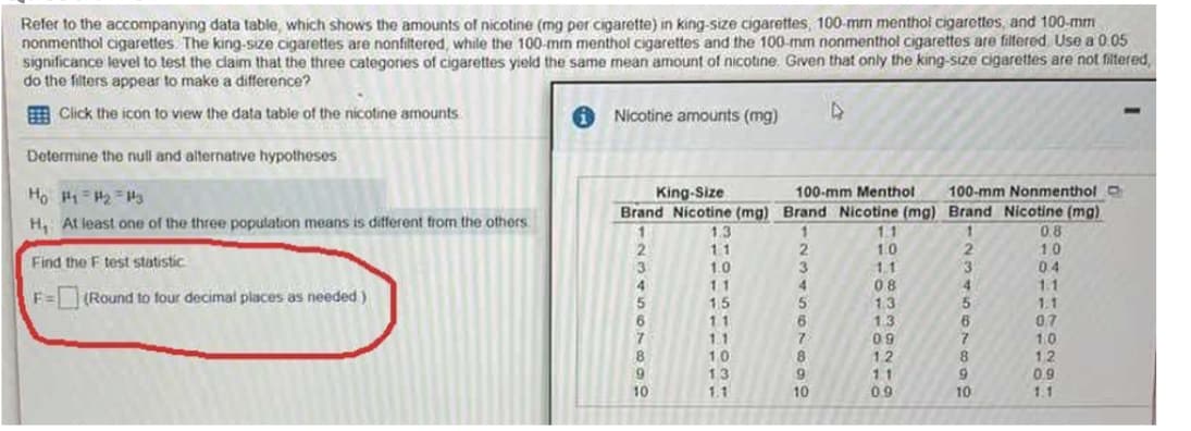 Refer to the accompanying data table, which shows the amounts of nicotine (mg per cigarette) in king-size cigarettes, 100-mm menthol cigarettes, and 100-mm
nonmenthol cigarettes The king-size cigarettes are nonfiltered, while the 100-mm menthol cigarettes and the 100-mm nonmenthol cigarettes are fillered Use a 0.05
significance level to test the daim that the three categories of cigarettes yield the same mean amount of nicotine. Given that only the king-size cigarettes are not filtered,
do the filters appear to make a difference?
A Click the icon to view the data table of the nicotine amounts
Nicotine amounts (mg)
Determine the null and alternative hypotheses
100-mm Nonmenthol o
King-Size
Brand Nicotine (mg) Brand Nicotine (mg) Brand Nicotine (mg)
100-mm Menthol
H, At least one of the three population means is different from the others
11
1.0
0.8
10
2
3.
11
Find the F test statistic
1.0
11
04
08
1.3
11
4
1.1
F=(Round to four decimal places as needed)
1.5
5
1.1
11
1.3
07
1.1
7.
10
13
8
9
10
1.0
12
0.9
1.2
6.
10
11
1.1
09
10
1.1
